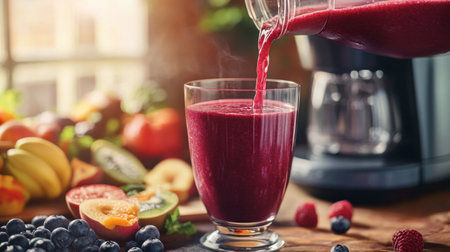 A red ground fruit smoothie being poured into a glass, showcasing its rich color and texture, with fresh fruits and a blender in the background for a dynamic kitchen scene.の素材