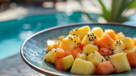 A refreshing plate of tropical fruit salad, including mango, pineapple, and papaya, served poolside on a hot day.の素材