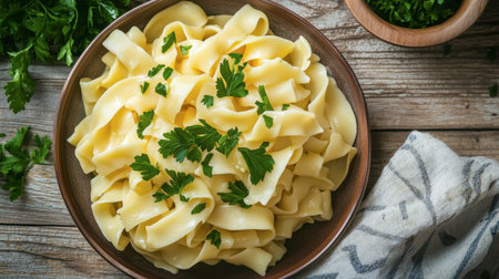 A serving of buttered egg noodles, simple and comforting, garnished with fresh parsley in a rustic kitchen setting.の素材