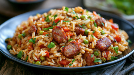 A serving of fried rice with smoked sausage, peppers, and onions, perfect for a smoky, savory flavor.の素材