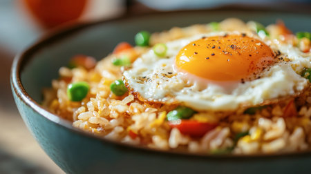 A serving of fried rice topped with a sunny-side-up egg, the yolk perfectly runny, ready to be mixed in for added richness.の素材