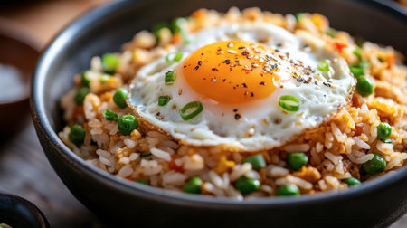 A serving of fried rice topped with a sunny-side-up egg, the yolk perfectly runny, ready to be mixed in for added richness.の素材