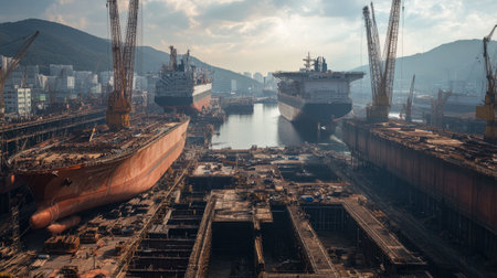 A shipyard in Busan, South Korea, with large vessels under construction, showcasing the scale and strength of the shipbuilding industry.の素材