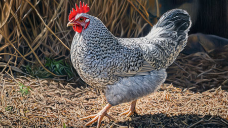 A stunning Sebright chicken, its silver laced feathers shimmering in the sunlight as it walks through the farmyard.の素材