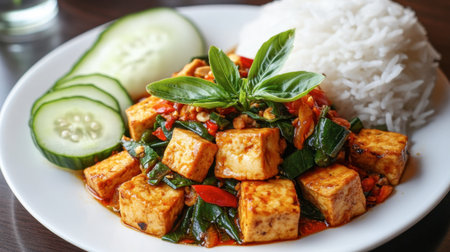 A vibrant dish of fried basil with tofu, served on a white plate with a side of jasmine rice and sliced cucumber.の素材