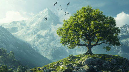 A towering tree in a mountainous landscape, with birds flying around its highest branches, showing its majestic height and presence.の素材