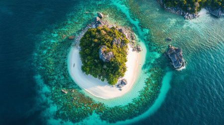 Aerial view of Koh Nang Yuan, a small island near Koh Tao, with a picturesque sandbar connecting two lush green islands.の素材