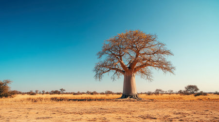 A wide-angle shot of a giant baobab tree standing alone in a desert landscape, its unique and bulbous trunk contrasting against the clear blue sky.の素材