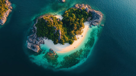 Aerial view of Koh Nang Yuan, a small island near Koh Tao, with a picturesque sandbar connecting two lush green islands.の素材