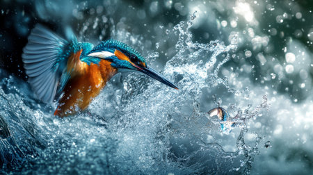A vivid kingfisher bird diving into a river, with splashes of water frozen in mid-air as it hunts for fish.の素材