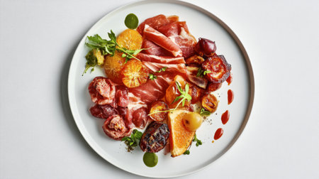 An AI-generated food photo with hyperrealistic details, including textures of fruits, meats, and sauces perfectly arranged on a white plate, showcasing food photography innovations.の素材