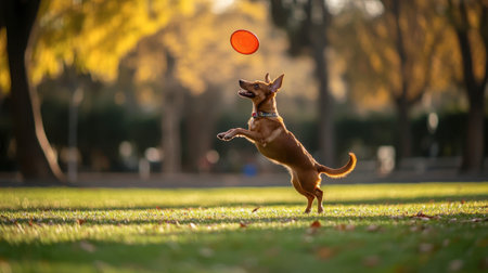 A cute dog jumping up to catch a frisbee mid-air in a park, captured in motion.の素材
