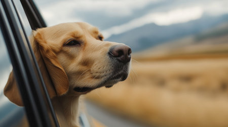 A dog sticking its head out of a car window, ears flapping in the breeze, enjoying the ride.の素材