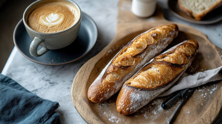 A delicious morning spread with a cup of flat white and a plate of freshly baked French baguette.の素材