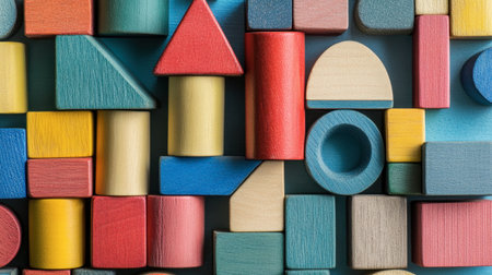A colorful collection of wooden building blocks arranged in different shapes, helping children learn geometry.の素材