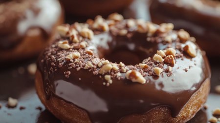 Close-up of a chocolate donut with a rich glaze, topped with crushed nuts and sprinkles.の素材