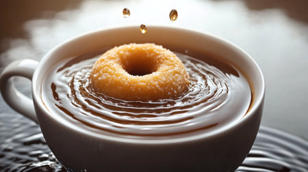 A donut being dipped into a cup of coffee, creating ripples on the surface of the drink.の素材