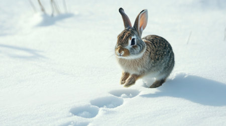A rabbit hopping through a snowy landscape, leaving tiny paw prints behind.の素材