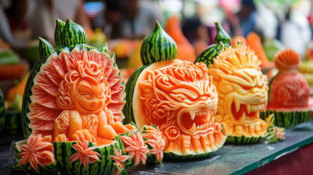 A traditional Thai fruit carving display with watermelon and papaya intricately carved into artistic shapes.の素材