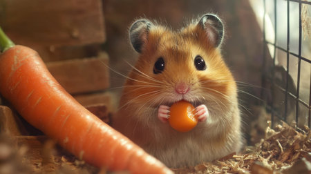 A hamster nibbling on a carrot, sitting in the corner of its cage with contentment.の素材