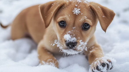 A puppy playing in the snow, leaving tiny paw prints behind, with snowflakes on its nose.の素材