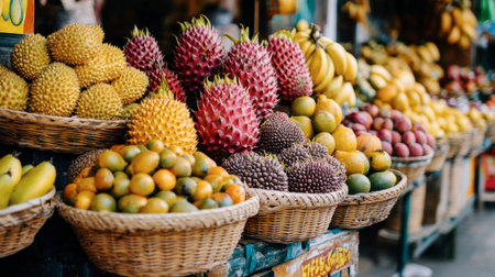 A traditional Thai fruit market with baskets of exotic fruits like mangoes, dragon fruits, and jackfruit.の素材
