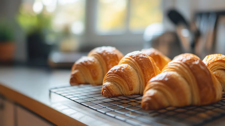 Freshly baked croissants cooling on a wire rack in a cozy kitchen, with a window in the background.の素材