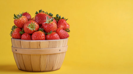 A wooden basket filled with strawberries on a yellow background, with the natural textures contrasting beautifully.の素材