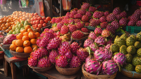 A vibrant display of Thai tamarinds, dragon fruits, and mangosteens in a traditional market setting.の素材