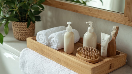 A wooden bathroom organizer holding sustainable bathroom supplies like refillable soap bottles, a bamboo hairbrush, and cotton towels.の素材