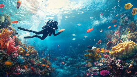 A diver feeding fish underwater near a coral reef, surrounded by curious sea creatures in a stunning aquatic scene.の素材