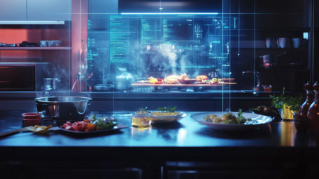 A digital kitchen with AI software running the show, where a meal's entire creation process is projected holographically, with data flowing through vibrant visual displays.の素材