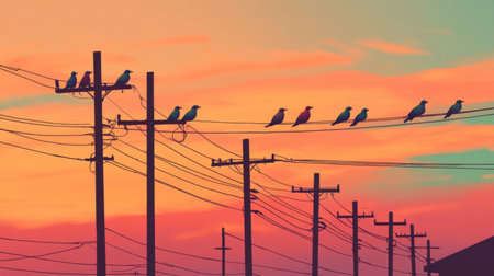 A group of colorful birds resting on power lines at dusk, their silhouettes creating an artistic pattern in the sky.の素材