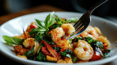 A fork diving into a dish of fried basil with shrimp and vegetables, showcasing the vibrant colors and textures of the meal.の素材