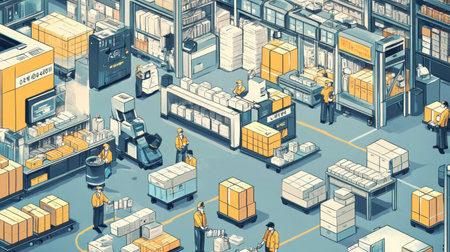 A bustling logistics center in Korea, filled with workers and robots managing packages, representing the efficiency of Korea shipping and distribution industry.の素材