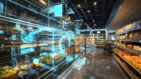 A futuristic grocery store where customers interact with AI displays to visualize meals they can prepare with selected ingredients, showing a fusion of technology and food.の素材