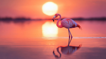A flamingo standing gracefully in shallow water, its long legs reflected in the calm surface as the sun sets.の素材
