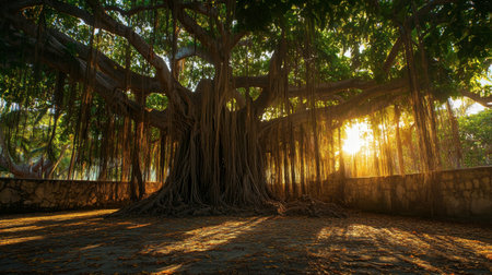 A majestic banyan tree with its sprawling roots and hanging aerial branches creating a mystical and ancient atmosphere in a tropical setting.の素材