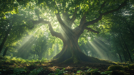 A huge old tree in a dense forest, its roots digging deep into the earth, with rays of sunlight breaking through the dense foliage above.の素材