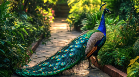 A peacock walking through a garden, its tail feathers trailing behind in a display of vibrant blues and greens.の素材