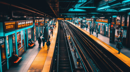 A vibrant subway station with people waiting for the train, showcasing the efficiency and scale of public transit.の素材