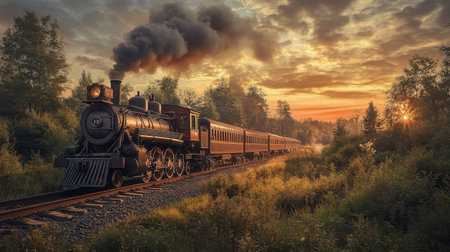 A scenic railway winding through the countryside, with a vintage train traveling along the tracks.の素材