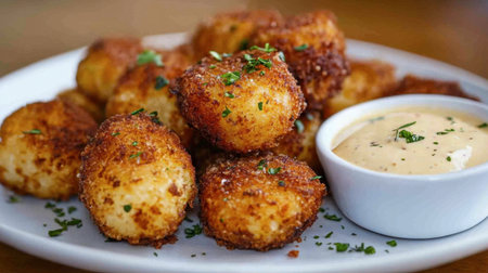 A plate of crispy potato croquettes, golden brown and perfectly seasoned, served with a tangy dipping sauce.の素材