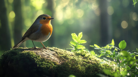A robin perched on a moss-covered log in the forest, surrounded by greenery and dappled sunlight.の素材