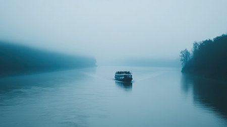 A peaceful river with a ferryboat transporting people across the water, emphasizing alternative modes of transit.の素材