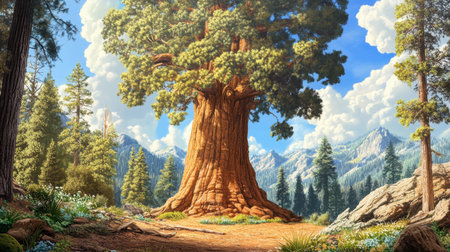 An enormous sequoia tree in a national park, its colossal trunk towering high into the sky, dwarfing nearby plants and smaller trees.の素材