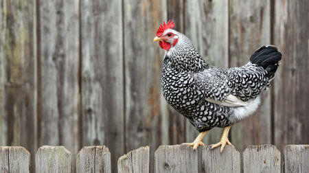 A Silver Laced Wyandotte hen with its intricate black and white feather pattern, standing against a wooden fence.の素材