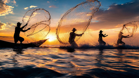 Fishermen casting their nets into the ocean at sunrise, silhouetted against the sky, capturing the traditional method of catching fish.の素材