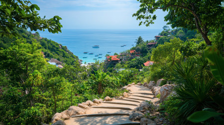 Hiking trail leading up to a scenic viewpoint in Koh Tao, surrounded by lush green foliage and offering stunning ocean views.の素材