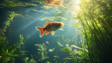 Fish swimming in a freshwater lake, surrounded by aquatic plants, with sunlight filtering through the water, creating a peaceful scene.の素材